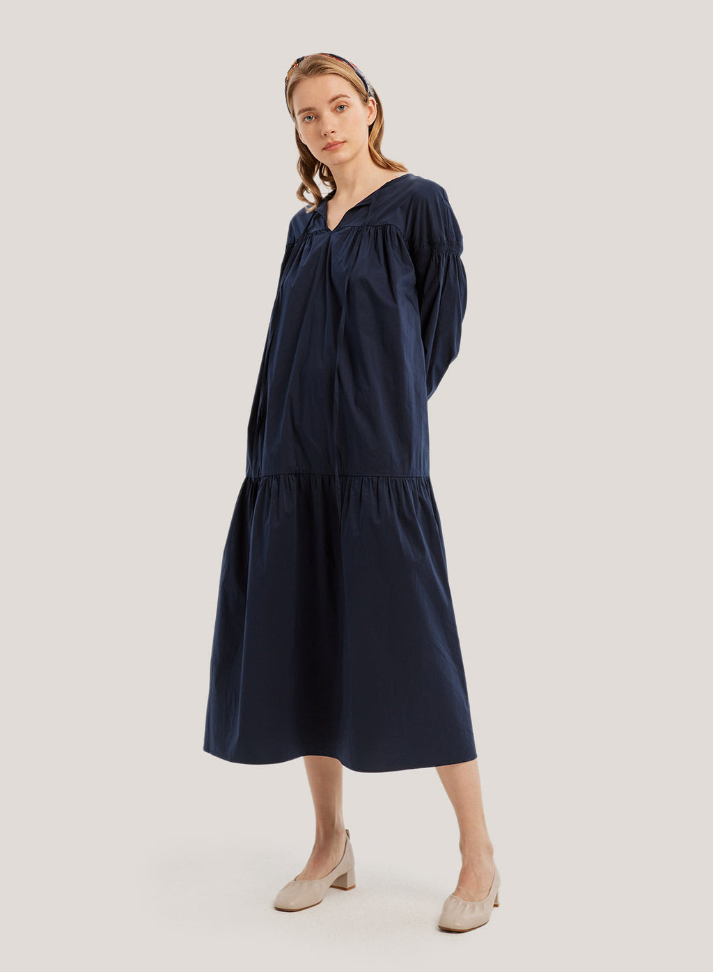 Solid Flounce-Hem Cotton Long Dress