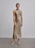 French Bow Halterneck Silk Maxi Dress