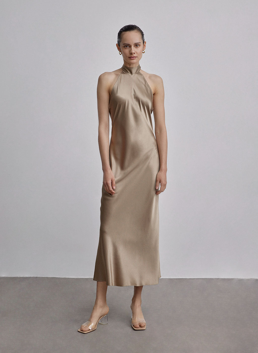 French Bow Halterneck Silk Maxi Dress