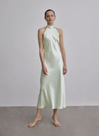 French Bow Halterneck Silk Maxi Dress