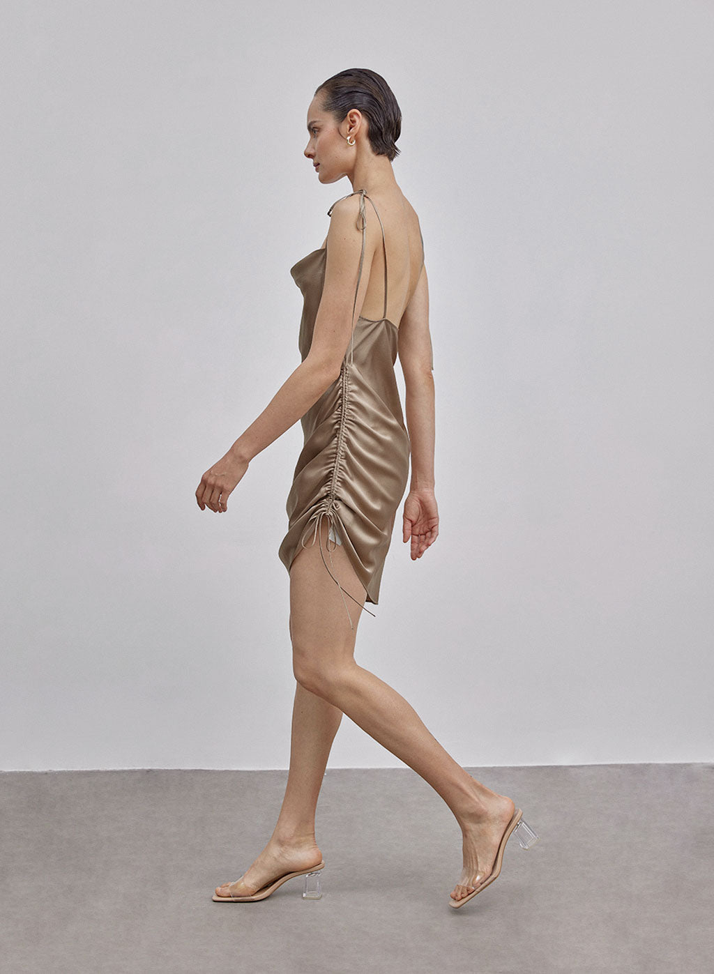 Ruched Single-Side Drawstring Bodycon Silk Dress