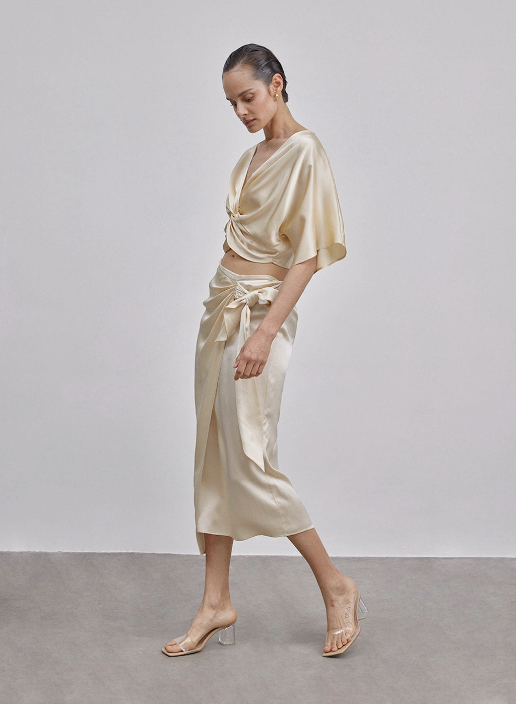 Athena Bow Tie Midi Silk Skirt