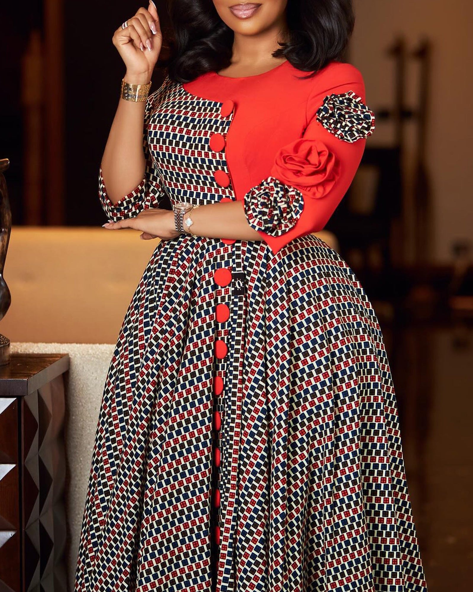 Temperament elegant round neck seven-quarter sleeve print splicing dress – Nap Loungewear Dresses