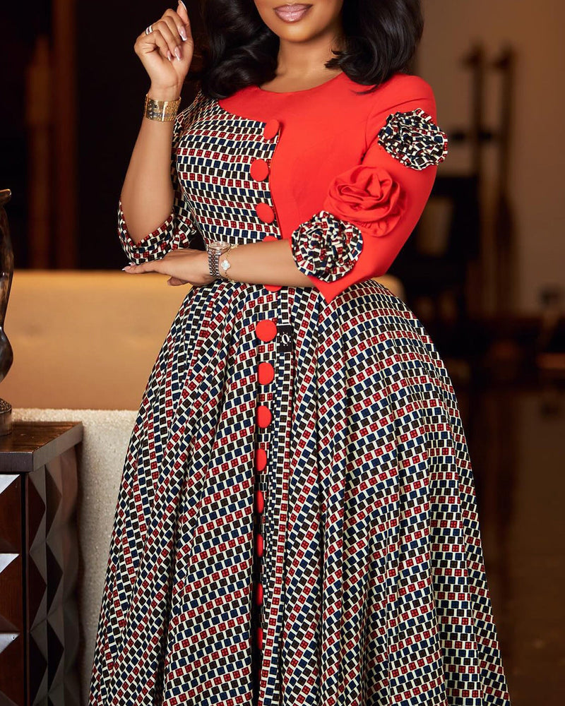 Temperament elegant round neck seven-quarter sleeve print splicing dress