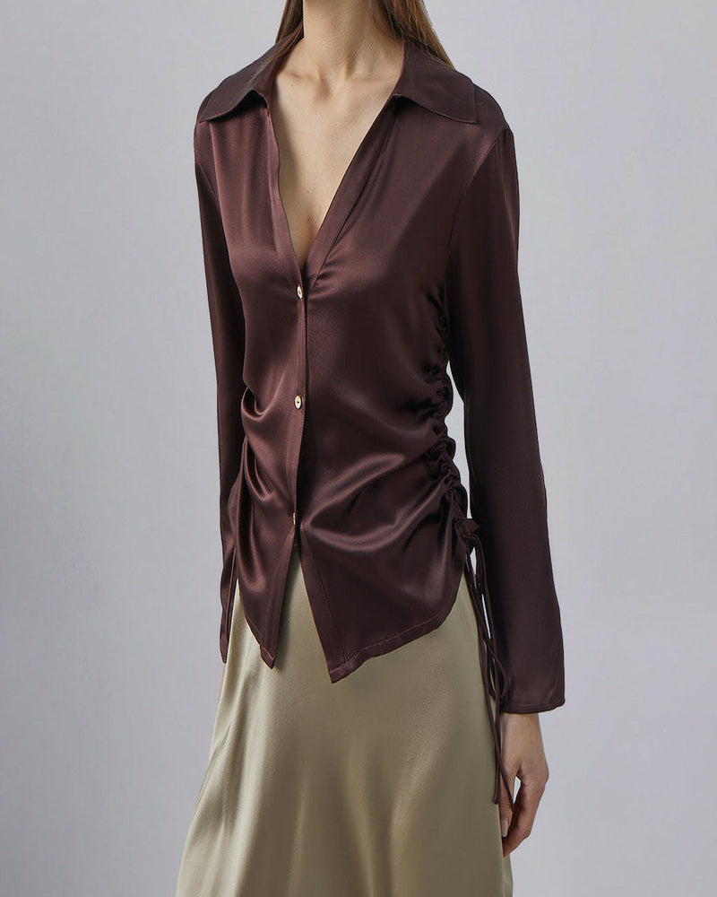 V-neck Button Opening Silk Blouse