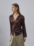 V-neck Button Opening Silk Blouse