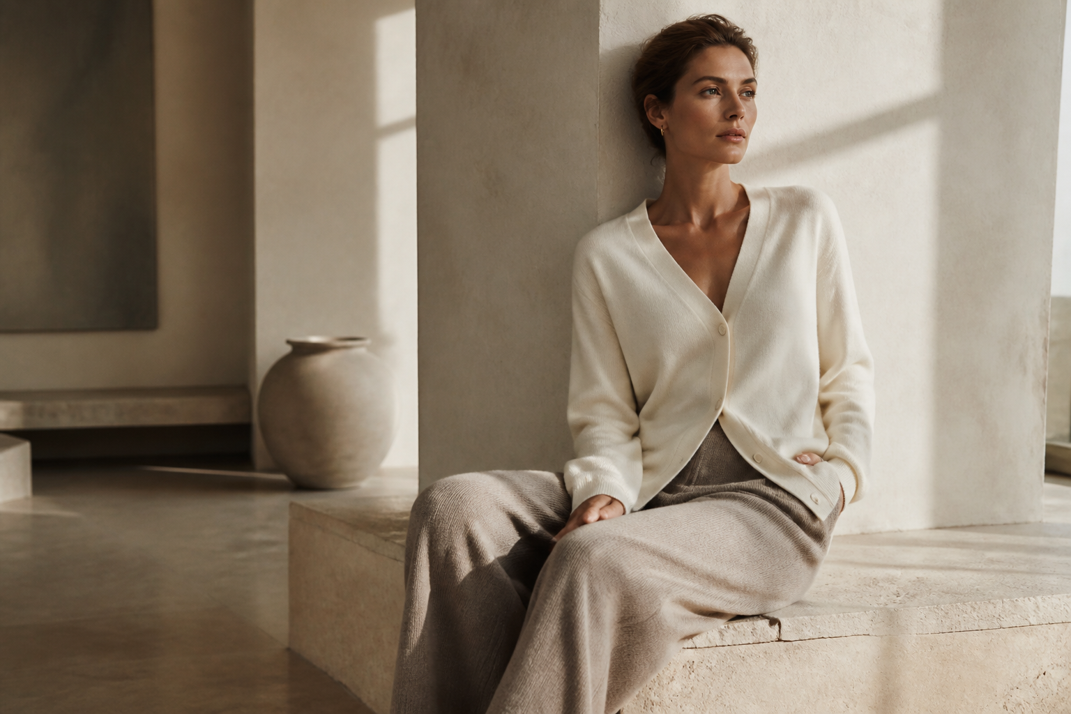 Woman in a NAP-inspired ivory knit cardigan and taupe trousers