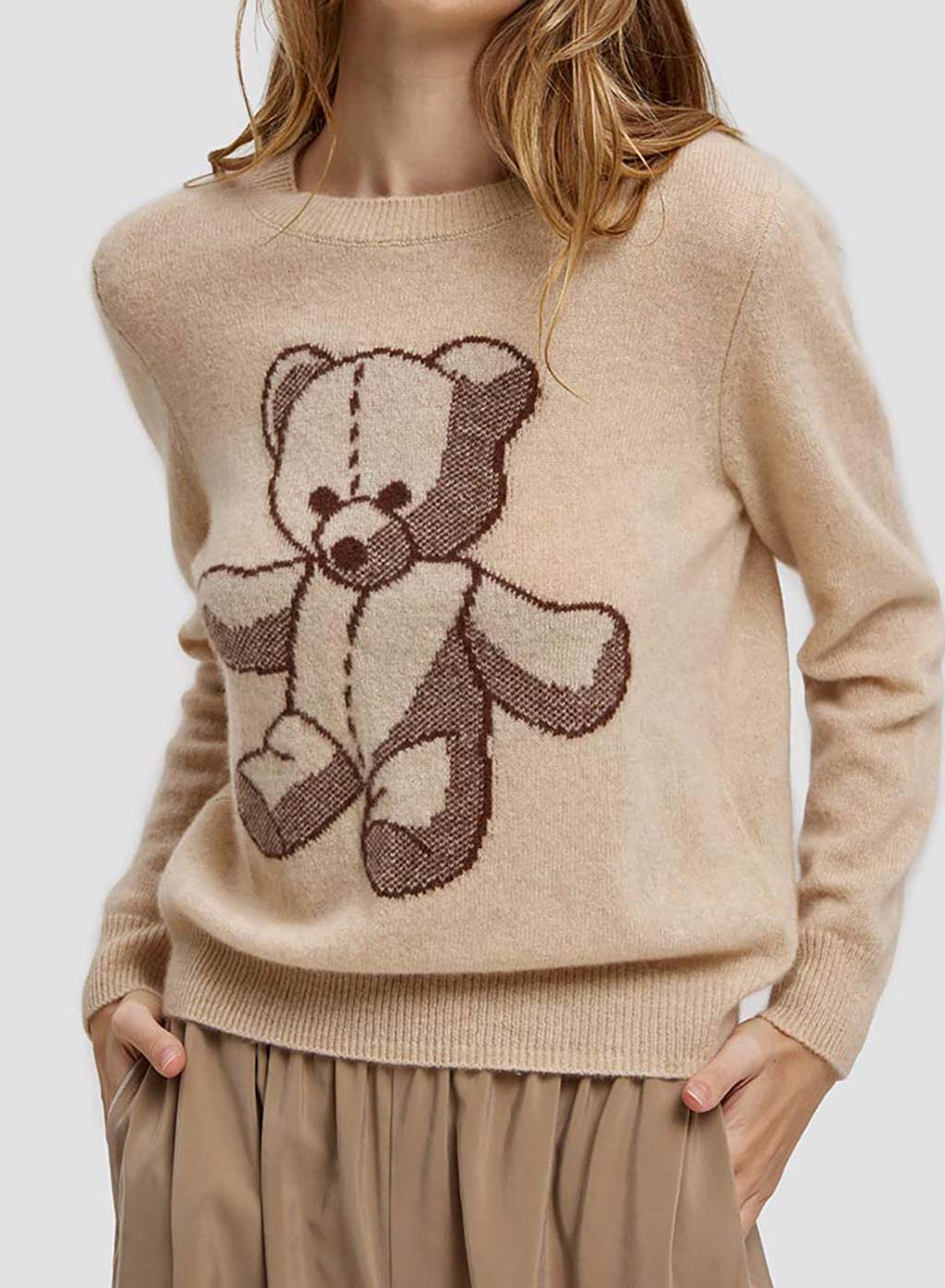 Cashmere Regular Fit Sweater with Cute Bear Pattern