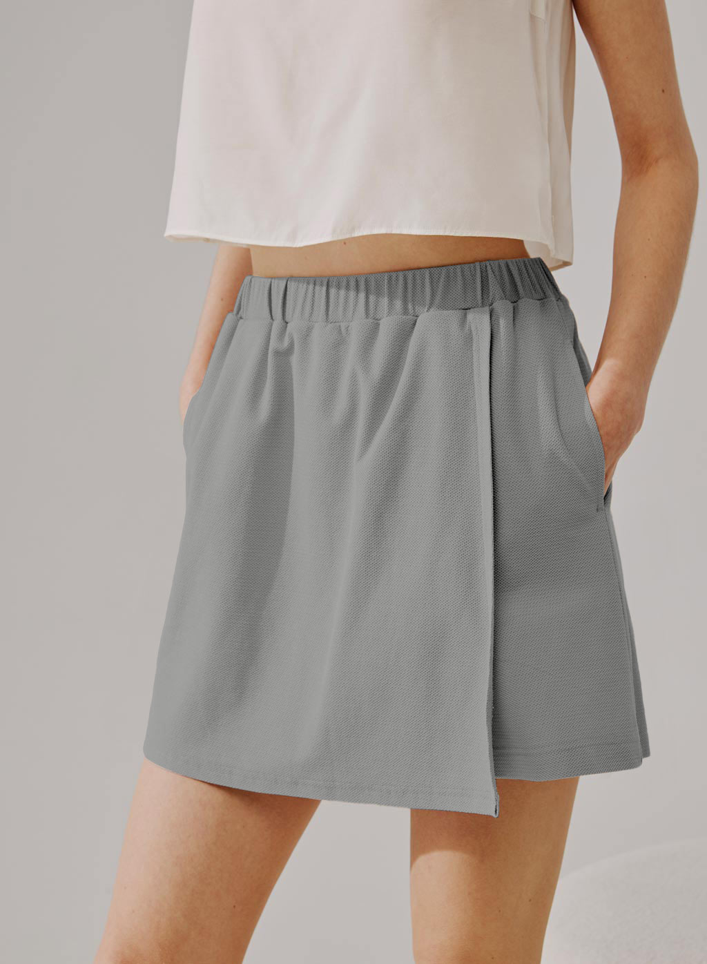 Cotton Elastic Waist Short Skort with Side Pockets