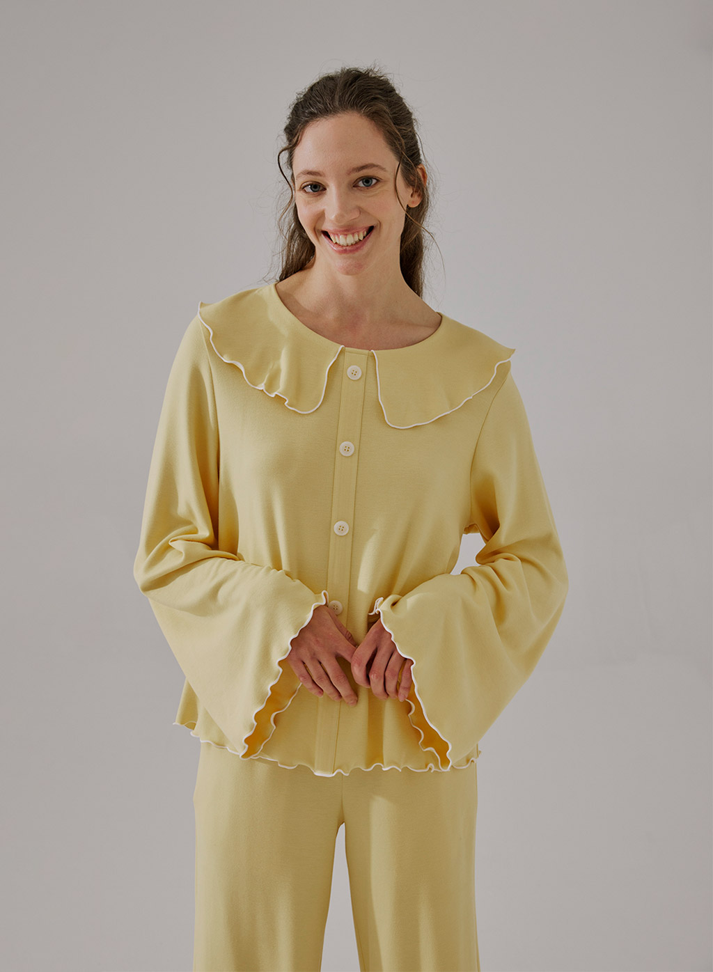 CRLAYDK New in Women's Pajamas Jacquard Ruffle Large Collar Cute Loungwear  Soft Silk Long Sleeve Sleepwear Button Down Nightwear