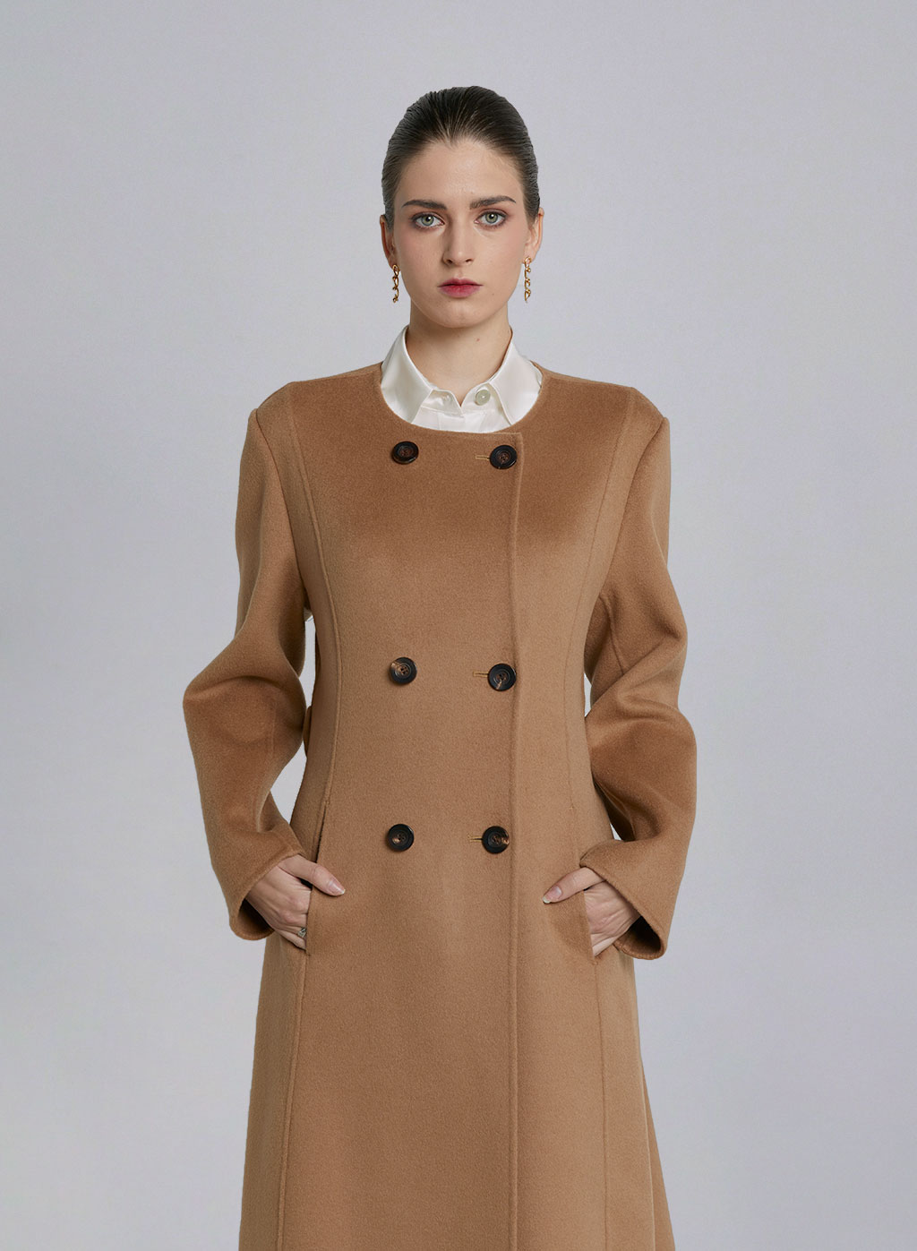 Collarless Double Breasted Wool Coat